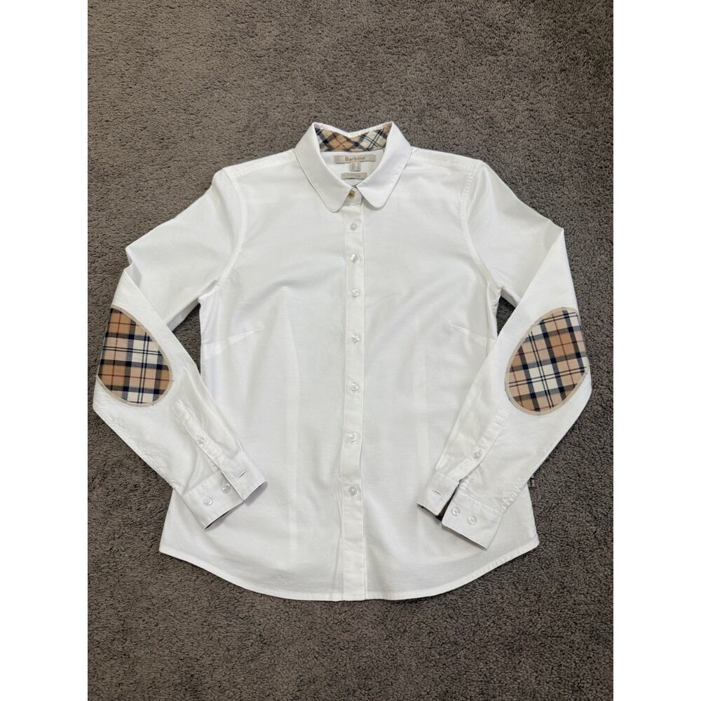 Barbour Burberry Lookalike Blouse Women's Size 4 White Long Sleeve Button-Up